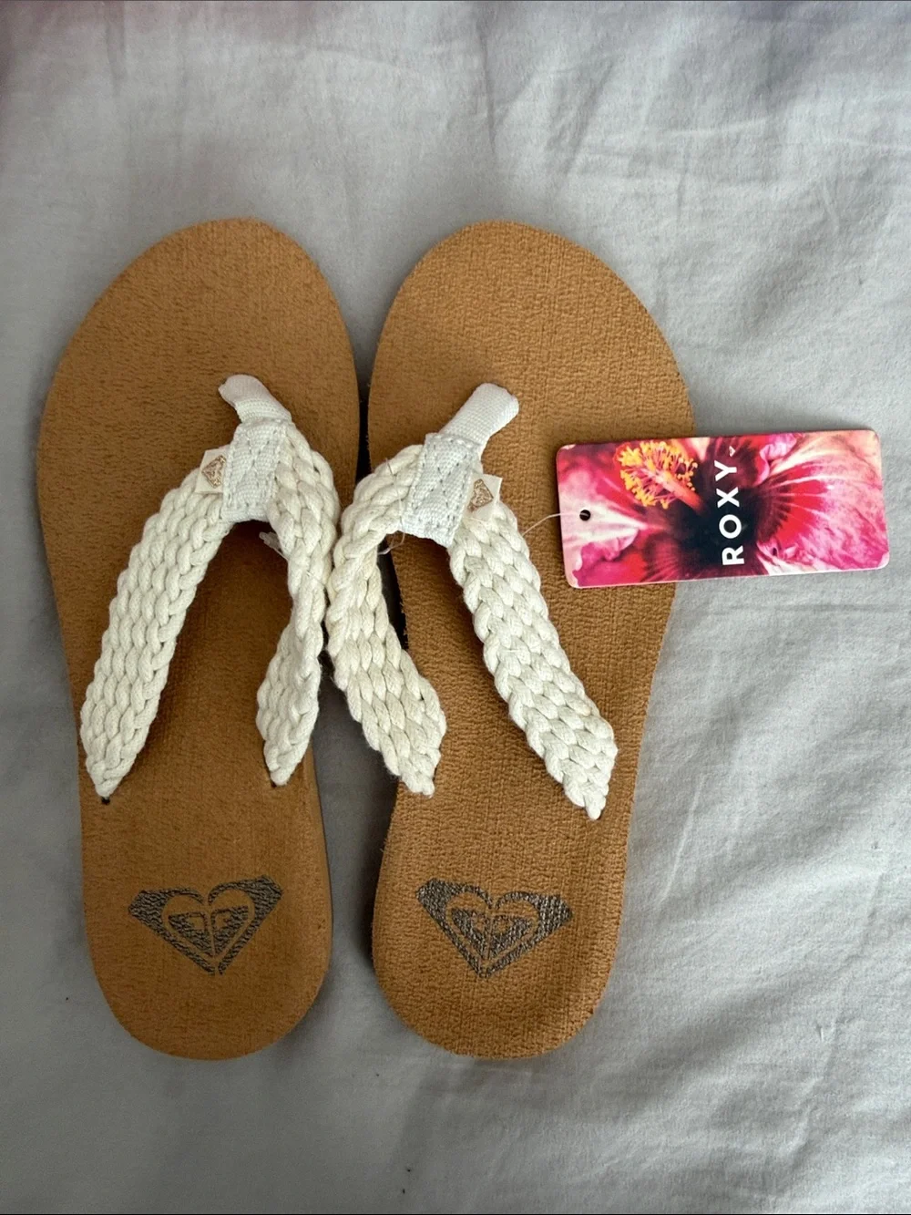 Roxy Girl's Cream Braided Strap Sandals with Tan Footbed NWT